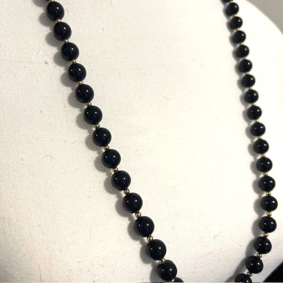 VTG Monet Black Round Beads with Gold Tone Spacers 30 Inch Necklace - Picture 3 of 8